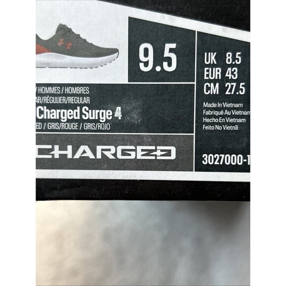 Under Armour Charged Surge 4 Running Shoes Grey Red White Sole Men SZ 9.5 NEW